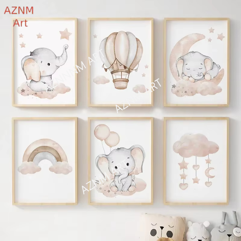 Baby Nursery Wall Art - Fil Balon Gökkuşağı Ay Yıldız Bulut