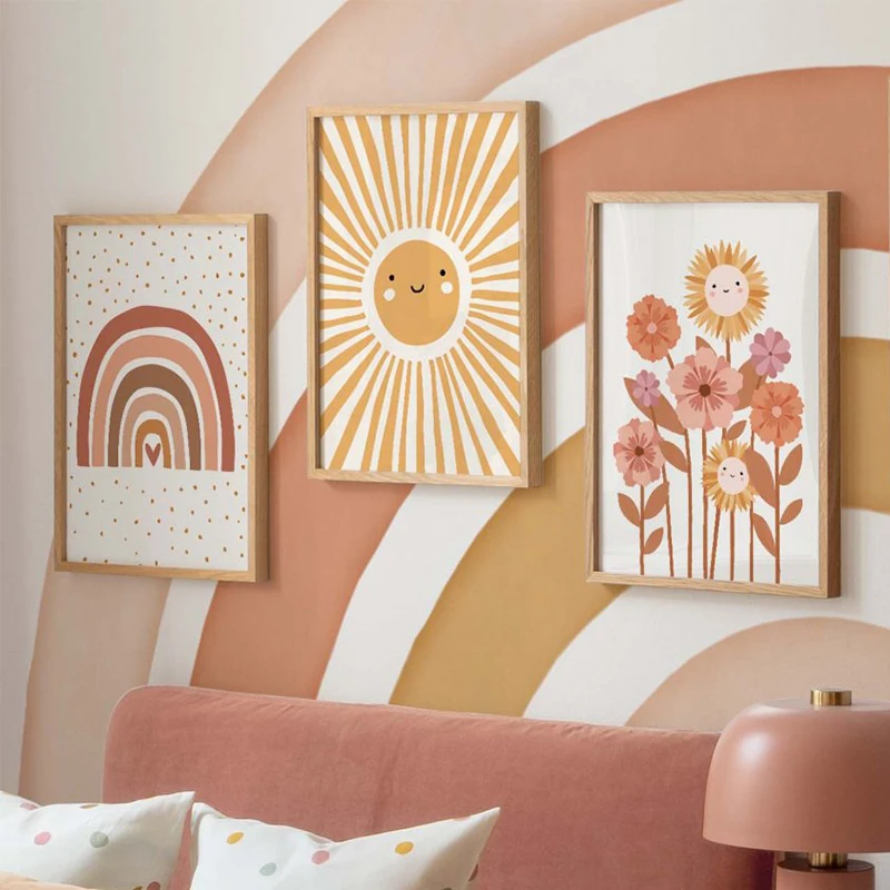 Baby Nursery Wall Art - Tuval Boyama Renkli Gökkuşağı Güneş Bulut