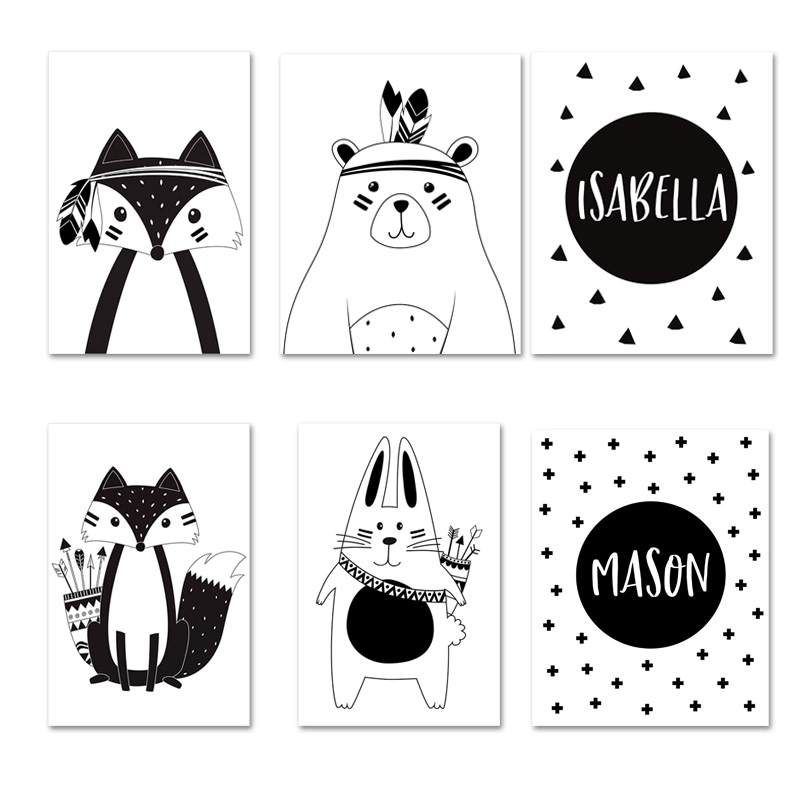Baby Nursery Name Wall Art - Siyah Beyaz Karikatür Ayı Tavşan Bebek