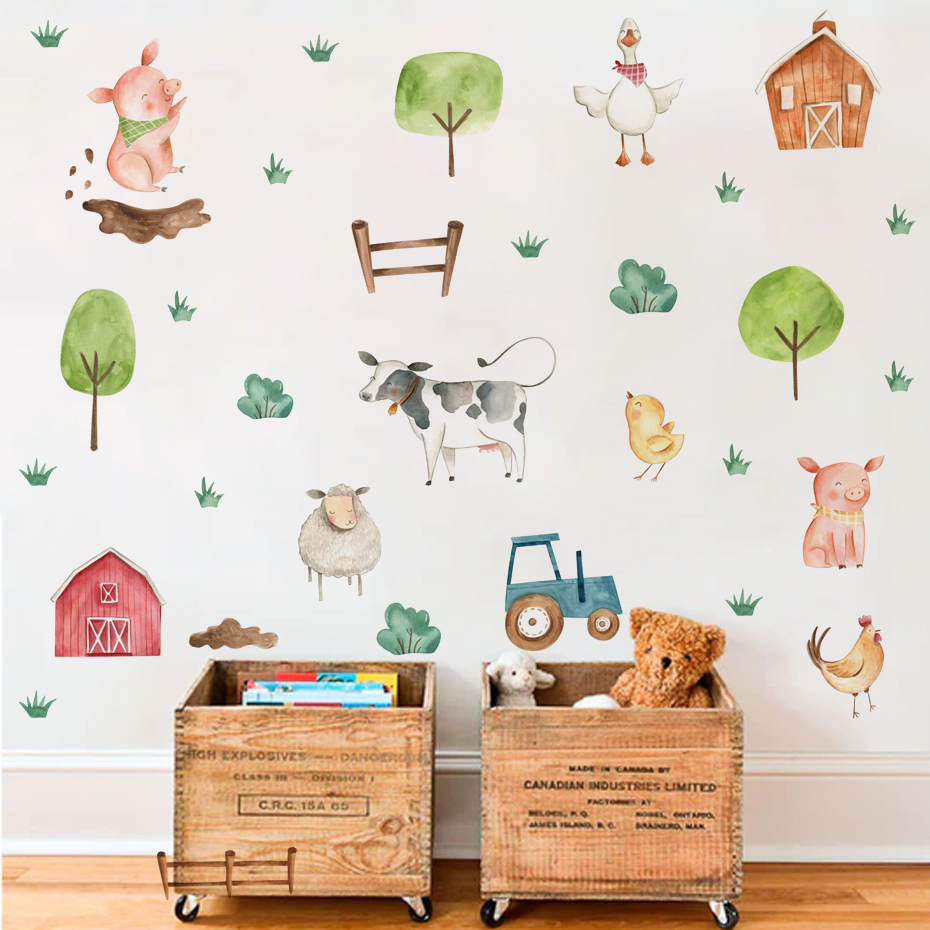 Baby Nursery Wall Mural - Boho suluboya sevimli çiftlik hayvanlar domuz