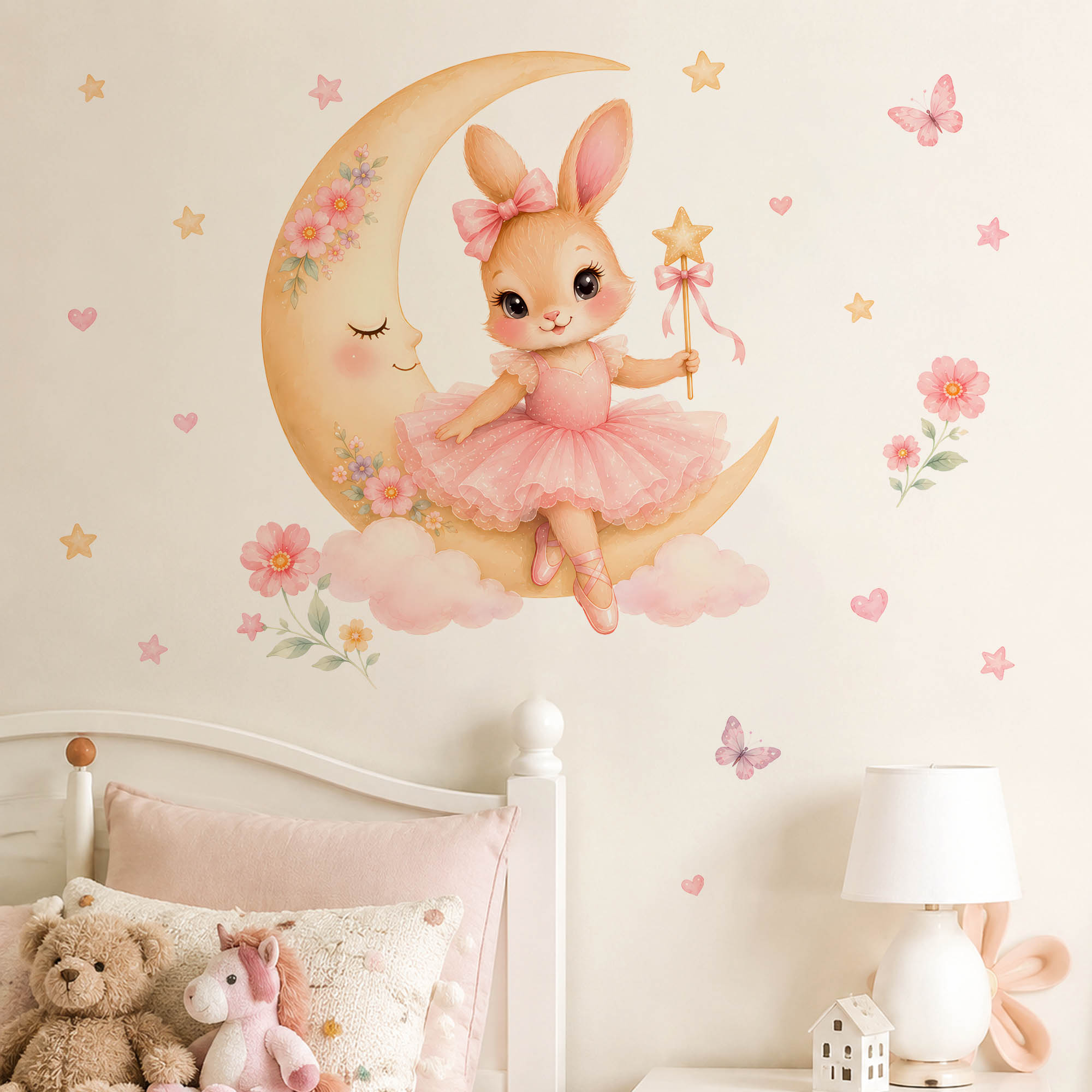 Baby Nursery Wall Mural - Suluboya Balerin Tavşanlı Ay Duvar Çıkartmaları