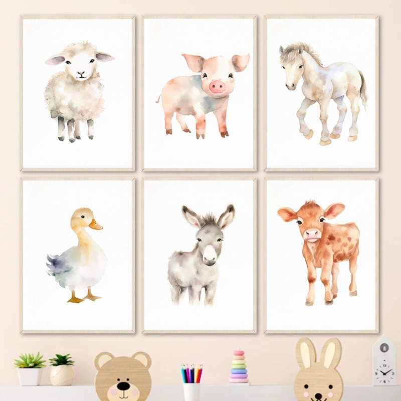 Baby Nursery Images - Suluboya çiftlik hayvanlar bebek at ördekler