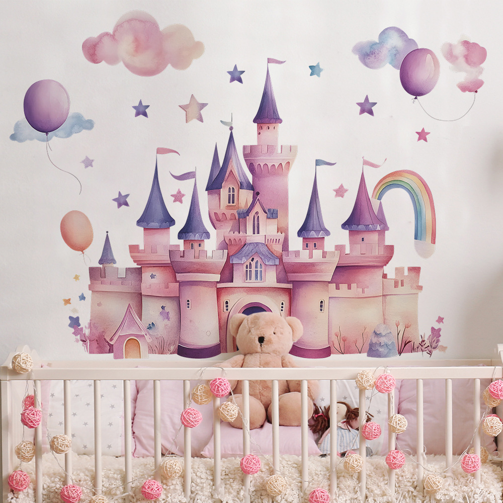 Baby Nursery Wall Mural - Pembe Kale Duvar Çıkartmaları Bulutlar Yıldızlar