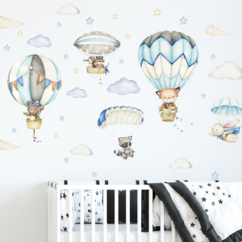 Wall Decal Nursery - Karikatür Sevimli Hayvanlar Sıcak Hava Balonu