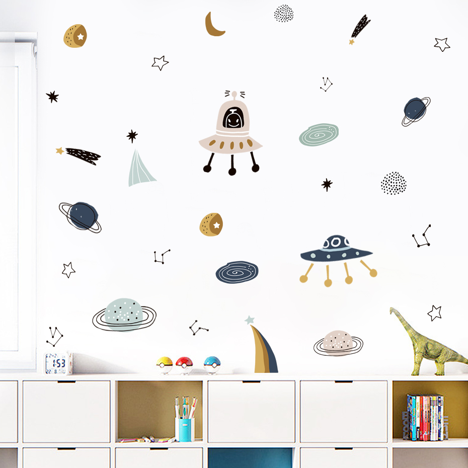 Baby Nursery Vinyl Wall Stickers - Karikatür Ufo Uzaylılar Gezegen Desen Suluboya