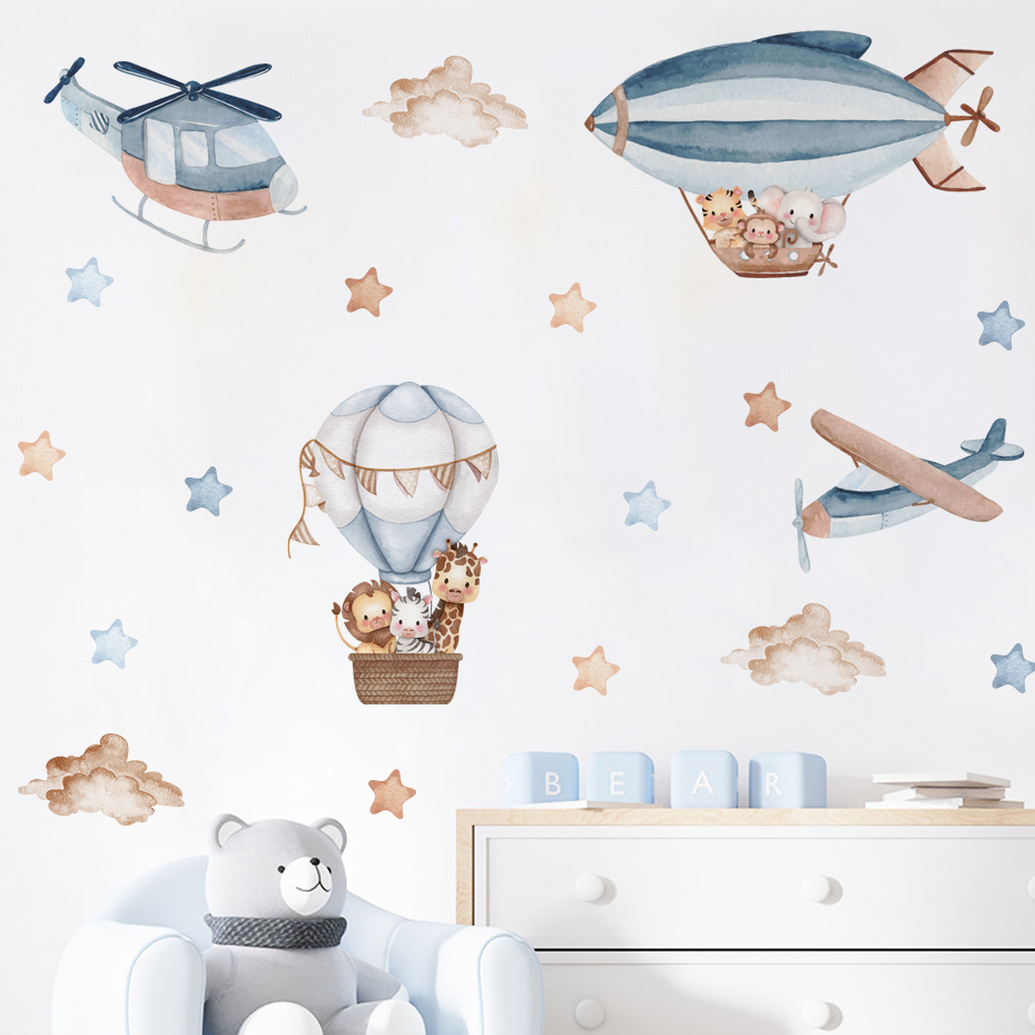 Baby Nursery Wall Mural - Suluboya Hayvanlar Sıcak Hava Balonu Bulutlar