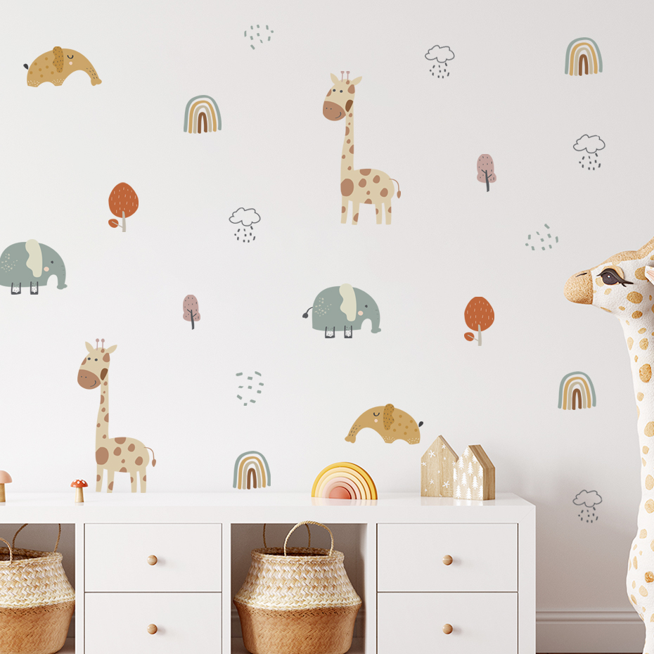 Baby Nursery Vinyl Wall Stickers - Karikatür Zürafa Fil Hayvan Duvar Sticker