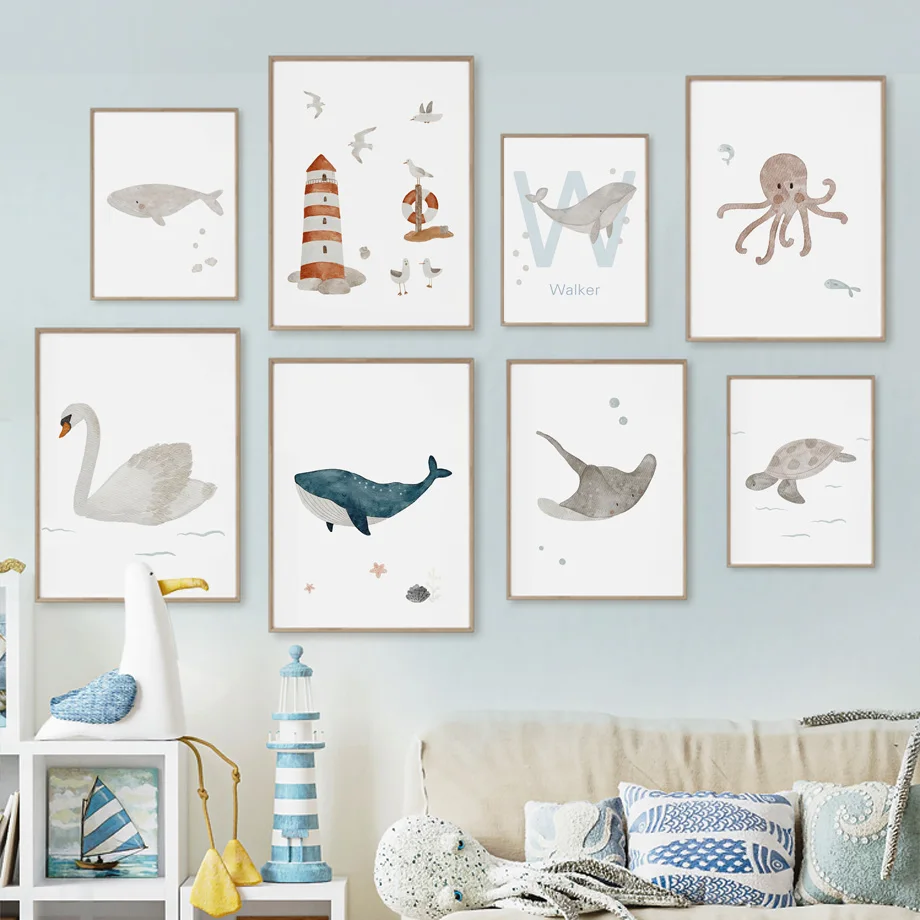 Baby Nursery Name Wall Art - Özel Ad Balina Ahtapot Kaplumbağa Kuğu