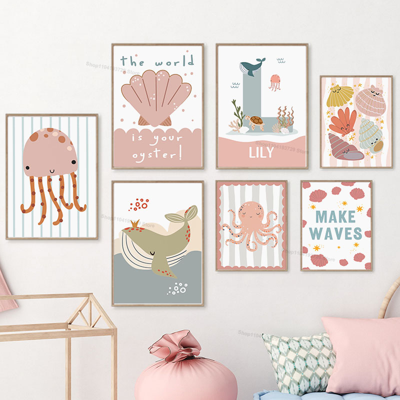 Karikatür Balina Ahtapot Deniz - Baby Nursery Name Wall Art incelemesi ve fiyatı
