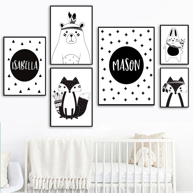 Siyah Beyaz Karikatür Ayı Tavş - Baby Nursery Name Wall Art incelemesi ve fiyatı