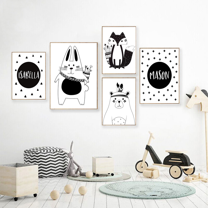 Siyah Beyaz Karikatür Ayı Tavş - Baby Nursery Name Wall Art incelemesi ve fiyatı