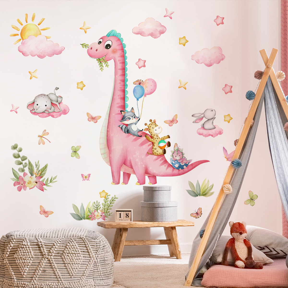 Büyük Karikatür Pembe Dinozor  - Baby Nursery Vinyl Wall Stickers incelemesi ve fiyatı