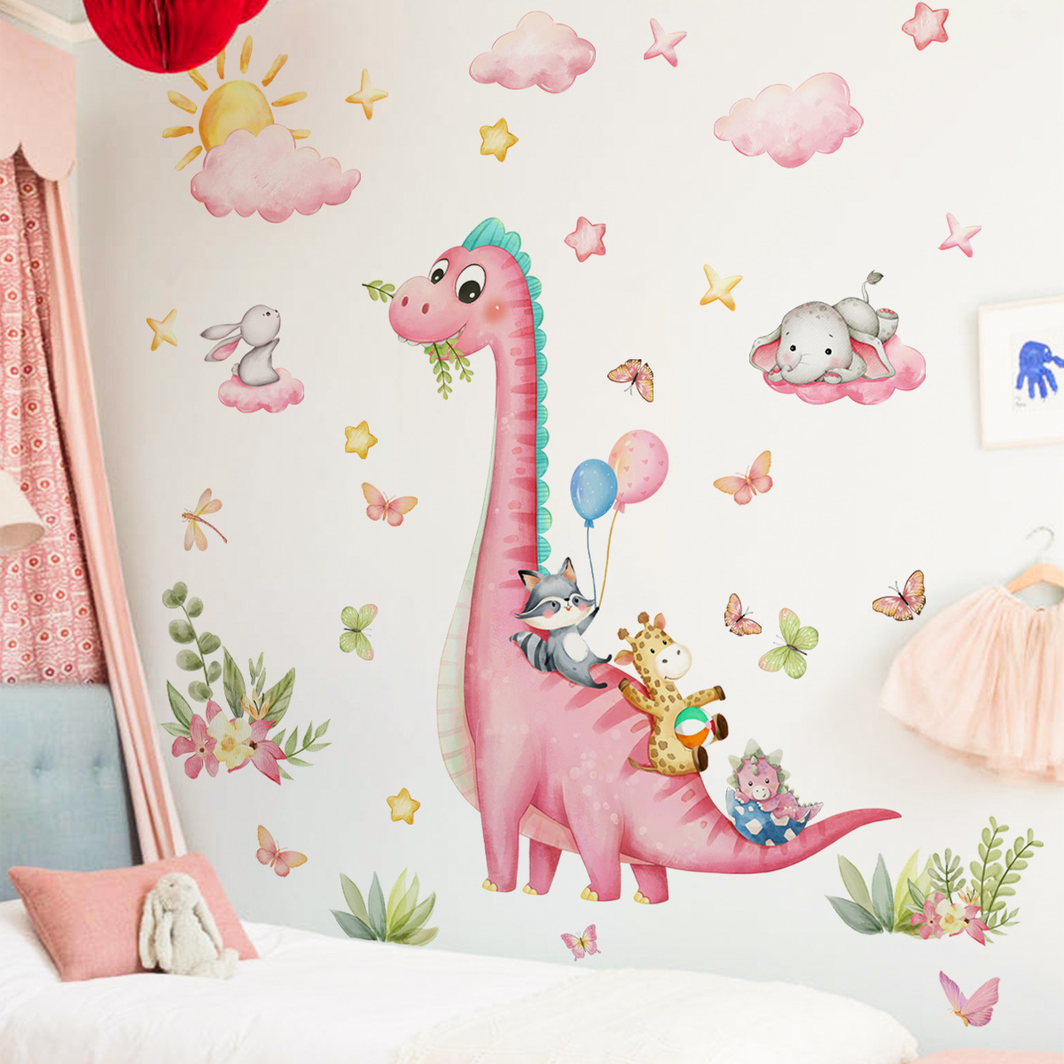 Büyük Karikatür Pembe Dinozor  - Baby Nursery Vinyl Wall Stickers incelemesi ve fiyatı