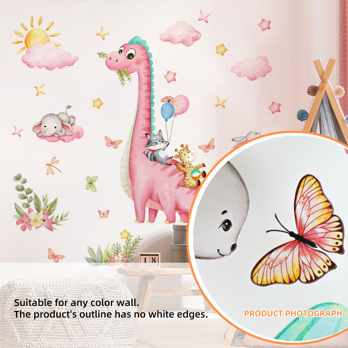 Büyük Karikatür Pembe Dinozor  - Baby Nursery Vinyl Wall Stickers incelemesi ve fiyatı