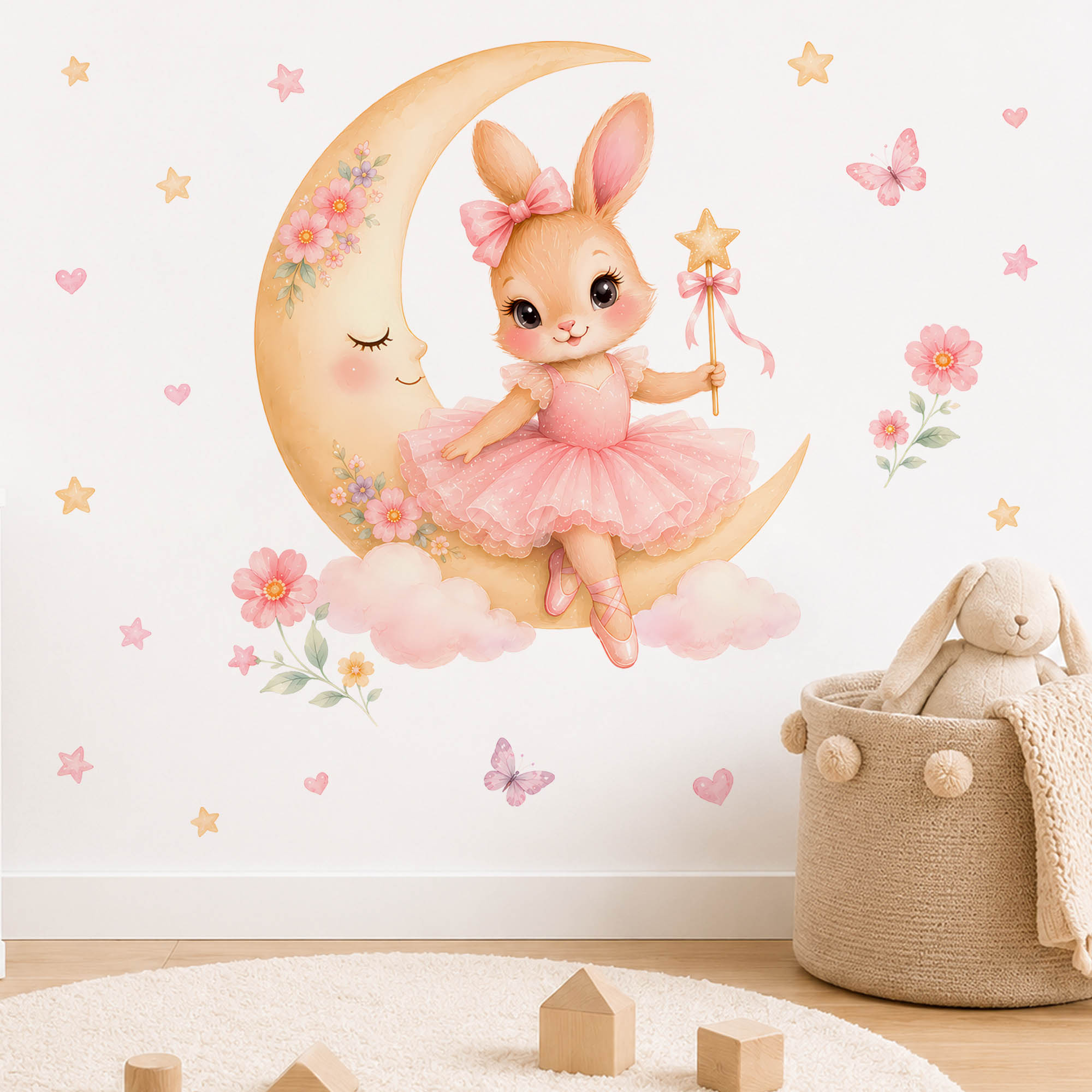 Suluboya Balerin Tavşanlı Ay D - Baby Nursery Wall Mural incelemesi ve fiyatı