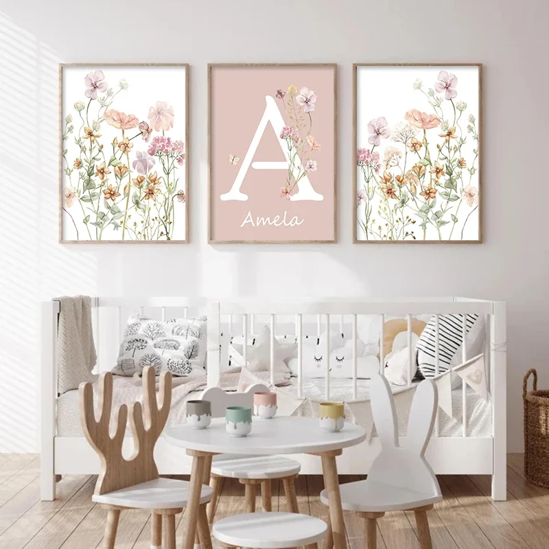 Pembe Kır Çiçekleri Kız İsimle - Baby Nursery Name Wall Art incelemesi ve fiyatı