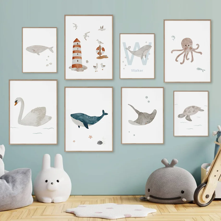 Özel Ad Balina Ahtapot Kaplumb - Baby Nursery Name Wall Art incelemesi ve fiyatı